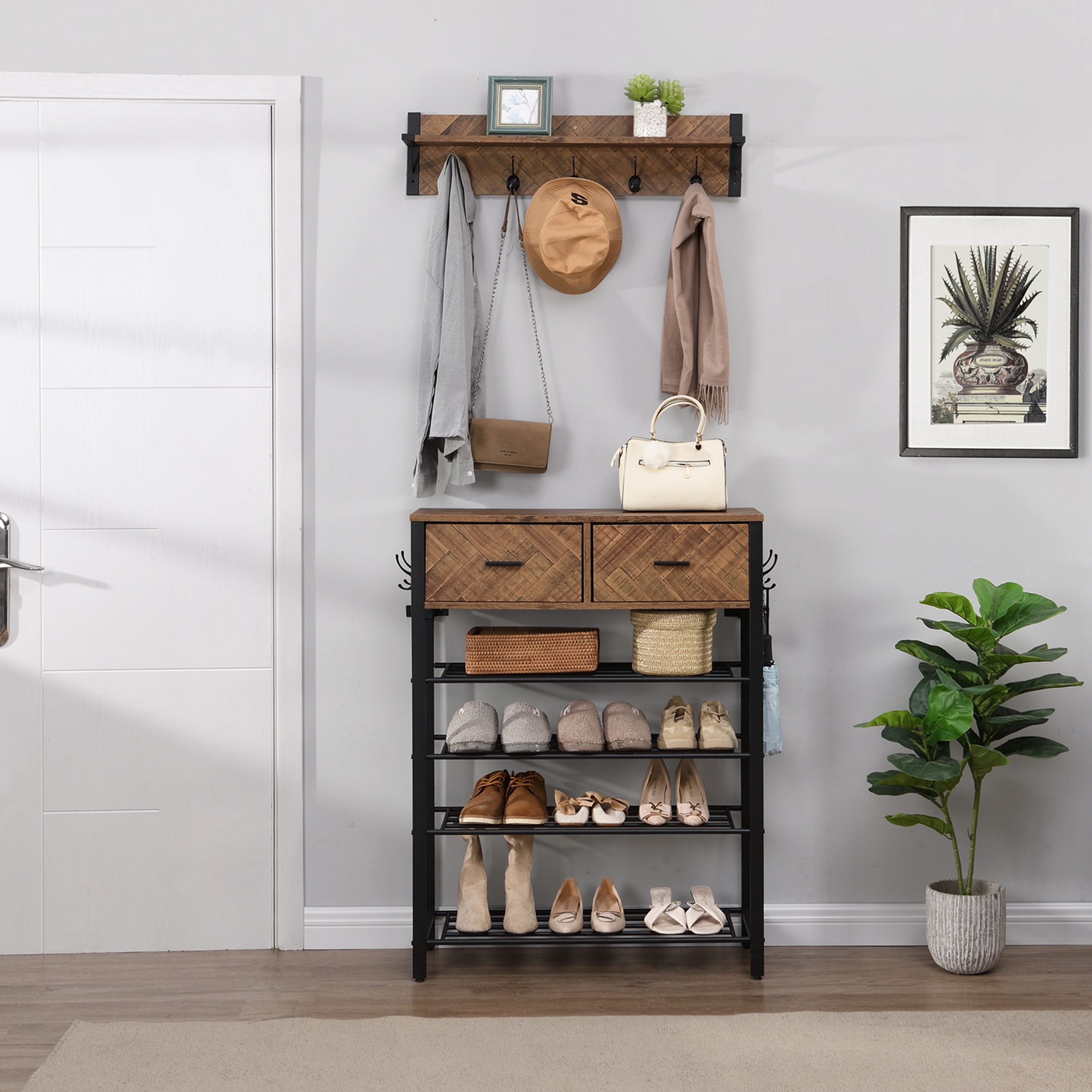 Entryway 4 tier Shoe Shelf with Drawers Coat Rack 9 Hooks Bed
