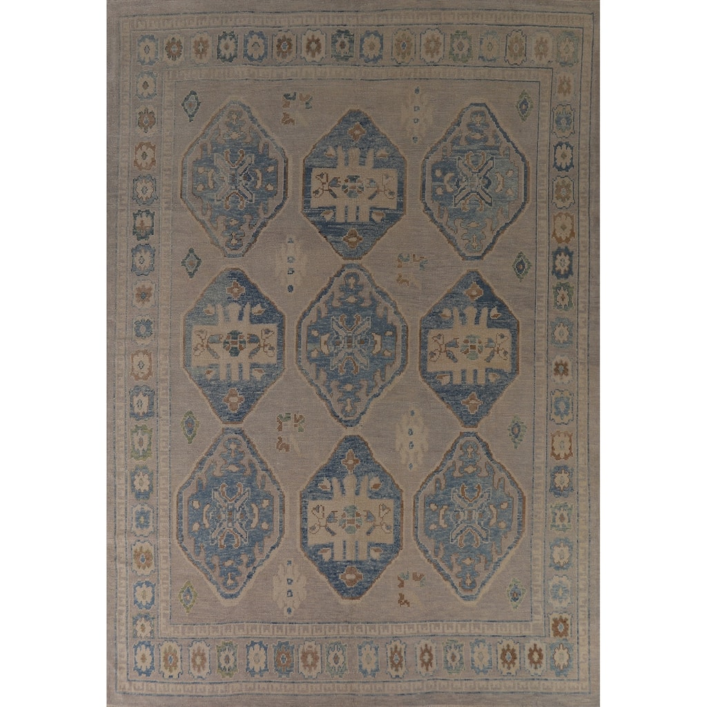 Hand Knotted Oriental 100% Wool Carpet Transitional Geometric Greys & Charcoal Oushak Area Rug - 12' 2'' X 9' 4''