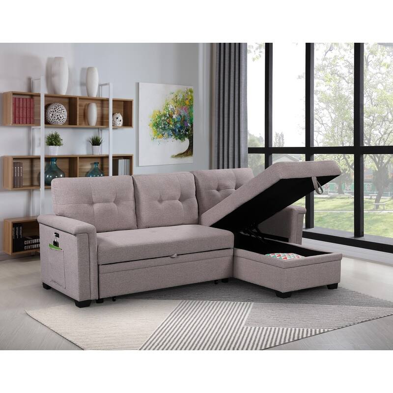 84" Light Gray Reversible Sleeper Sofa with Storage, USB Ports