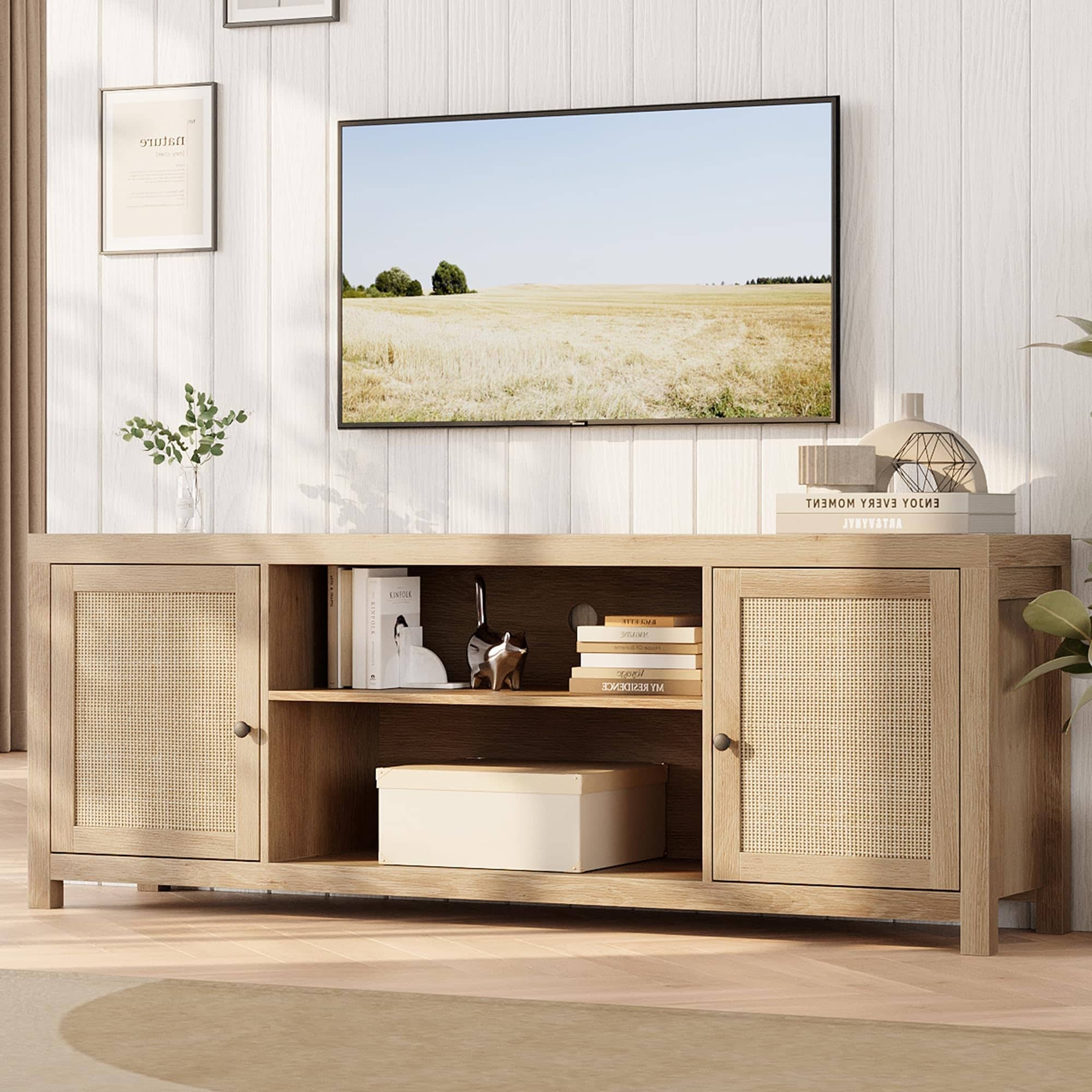 TV Stand for 75 Inch TV, Rattan Entertainment Center with Storage, Wood TV & Media Console