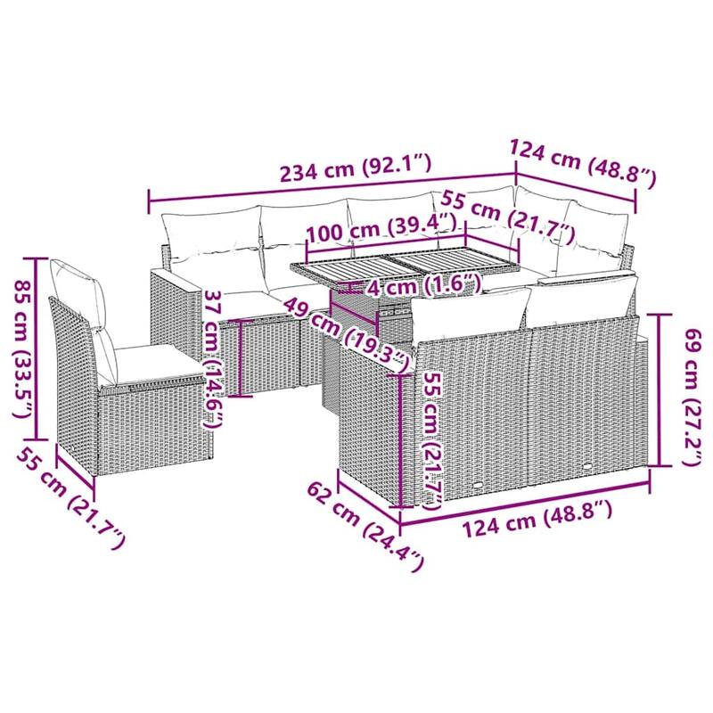 vidaXL Patio Sofa Set with Cushions Sofa Modules 9 Piece Poly Rattan Acacia - 21.7 x 39.4 x 28.7 in
