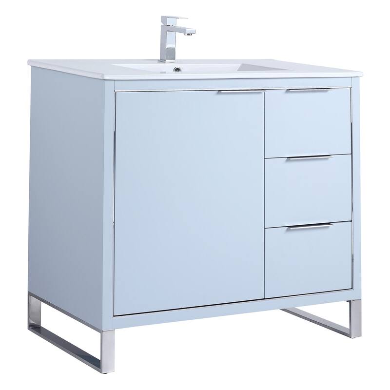 Fine Fixtures Opulence Collection Bathroom Vanity with White Ceramic Sink - 36 Inch - Pastel Blue - Chrome Hardware