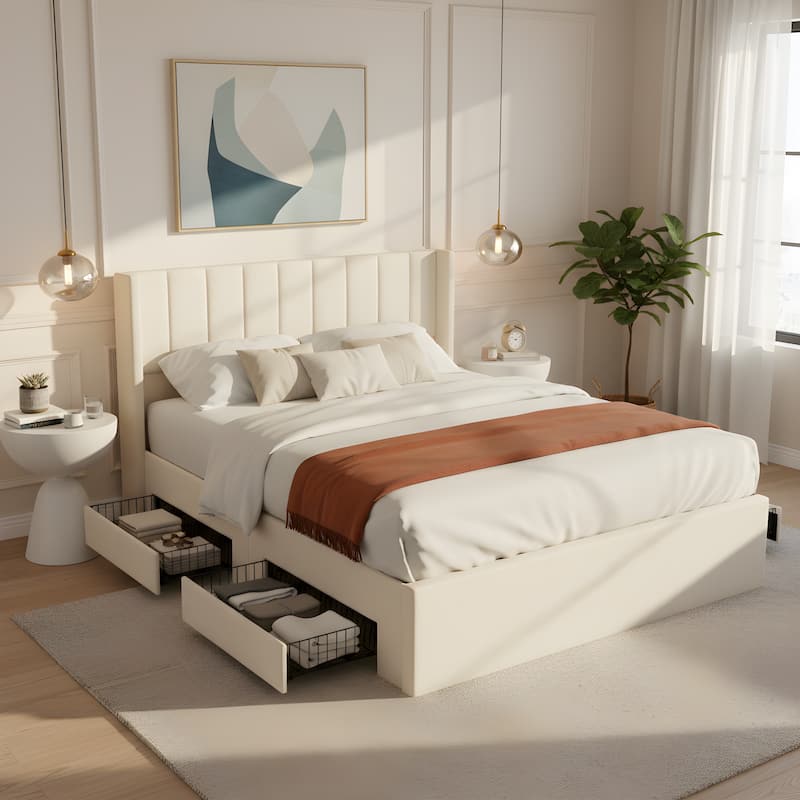 Christopher Knight Home - Modern Upholstered Storage Bed with Drawers and Vertical Headboard