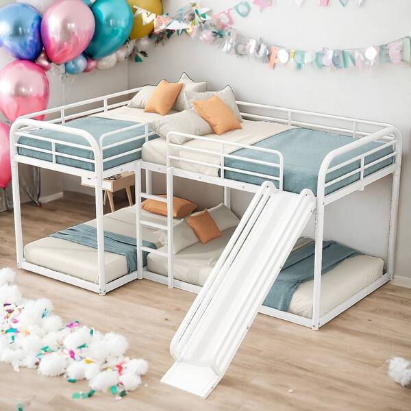 slide 2 of 13, Full And Twin Size L-Shaped Bunk Bed 4 Beds In 1 With Slide,Ladder for Home White