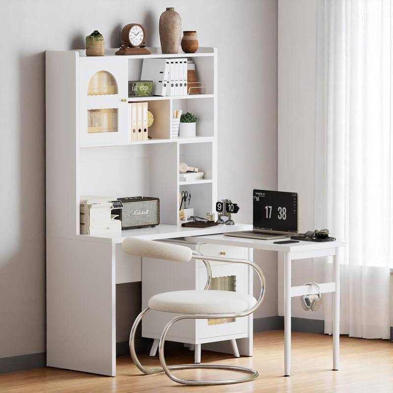 KISRAIS Office Desk with 90 Degree Rotating Desktop for Study, Home Office, Bedroom and Living Room - White
