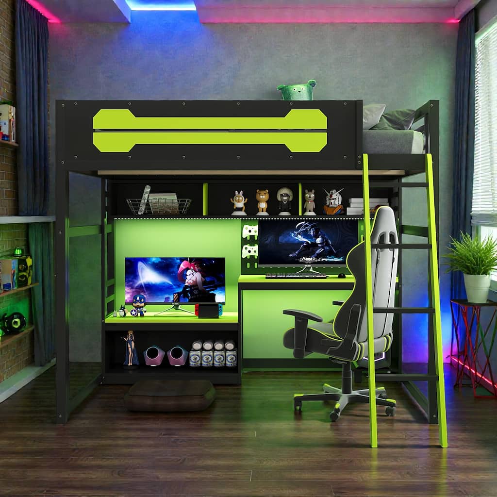 Full Size Wood Loft Bed with Desk, Shelves, LED Lights, USB Ports, Pegboard & Space-Saving Storage Design