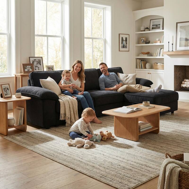 Upholstered L-Shaped Sectional Sofa Couch with Ottoman, Modern Fabric Deep Seat Sofa