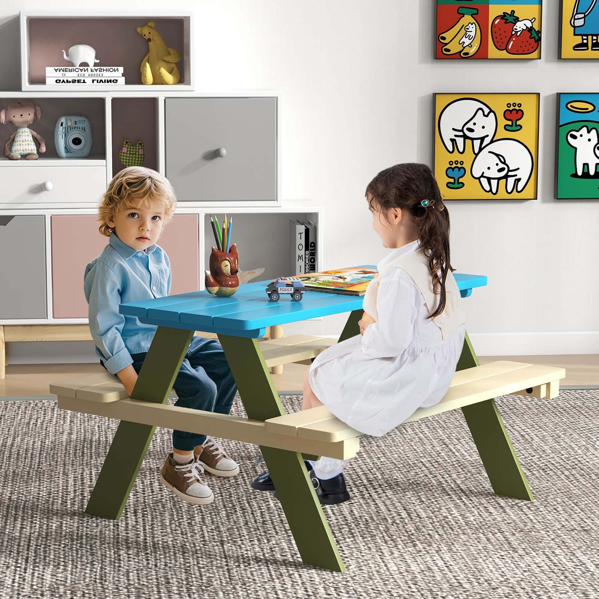 Costway Kids Wooden Picnic Table Set Solid Dining Table with Built