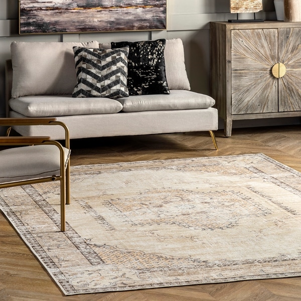 nuLOOM Glenda Machine Washable Faded Medallion Area Rug. Opens flyout.