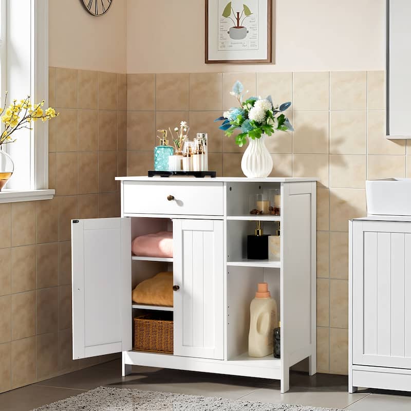 Freestanding White MDF Bathroom Storage Cabinet with Drawer and 2 Adjustable Shelves for Small Essential