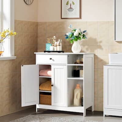 Freestanding White MDF Bathroom Storage Cabinet with Drawer and 2 Adjustable Shelves for Small Essential