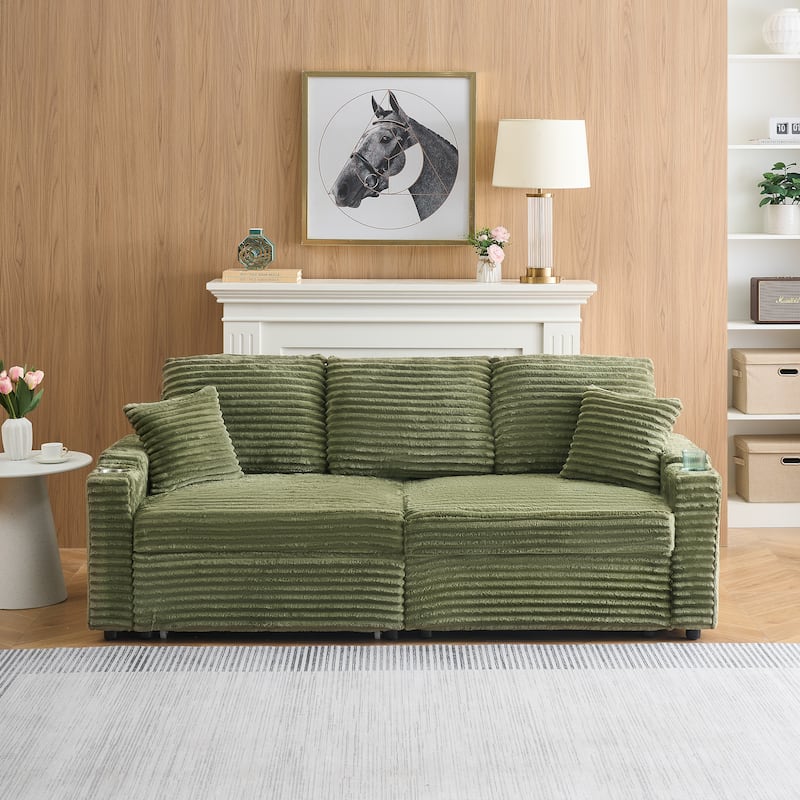 80-inch Green Corduroy Two-in-one Folding Sofa with Cup Holder and Pillow