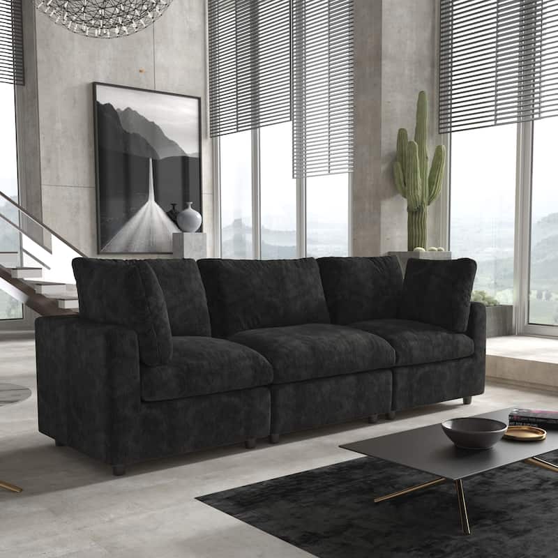 Minimalist 3-Seater Sofa Chenille Upholstered Modular Sectional Couch Removable Cover, Spring Cushions, Solid Wood Frame