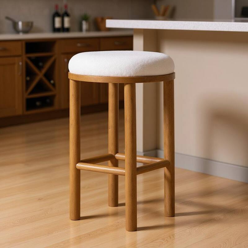 HomeRoots 31" White and Natural Boucle and Solid Wood Backless Bar Height Bar Chair - Bar Height - White - Single