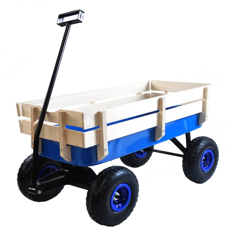 Outdoor Wagon Garden Cart All Terrain Pulling Wood Railing - 39.37" x 19.3" x 20.28" INCH - Blue