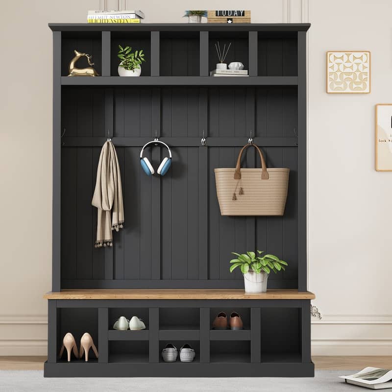Hall Tree Storage Cabinet with 4 Hidden Hooks, Bench, and Open Compartments