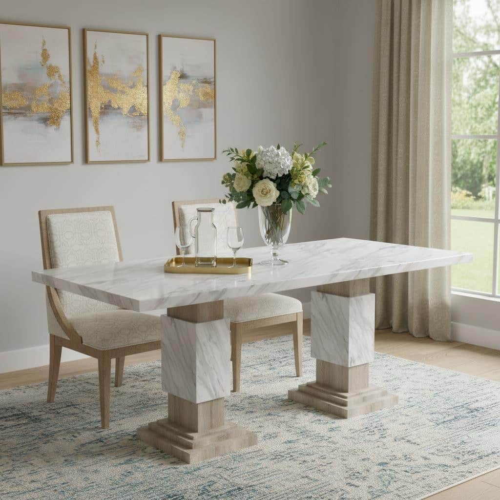 HomeRoots 82" White and Natural Faux Marble and Wood Double Pedestal Base Dining Table - 82.00 in. x 30.00 in. x 40.00 in.