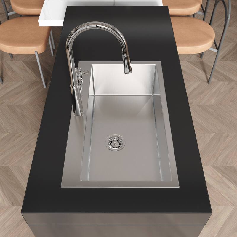 Kitchen Sink, 32″x19″ Single Bowl, Overmount Handmade Sink in Brushed Nickel, with US Standard Drain and Hook