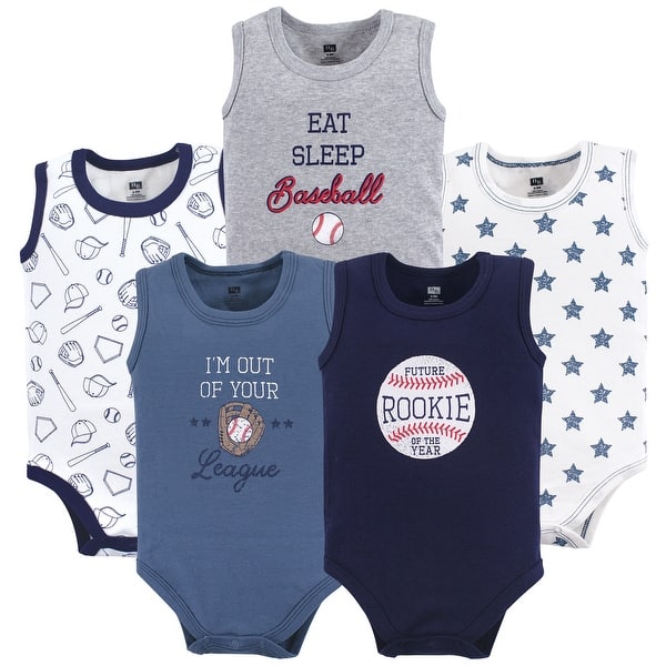 slide 1 of 1, Hudson Baby Infant Boy Cotton Sleeveless Bodysuits 5pk, Baseball 6-9 Months - Baseball