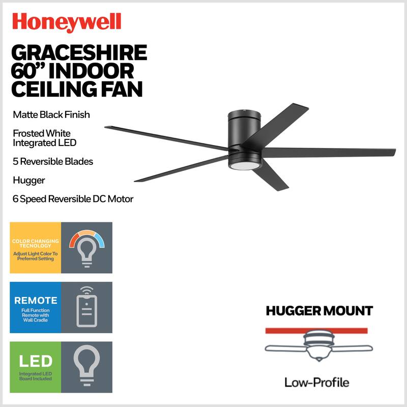 60" Honeywell Graceshire Matte Black Indoor Ceiling Fan with LED Light and Remote Control, 6-Speed BLDC Motor - Matte Black