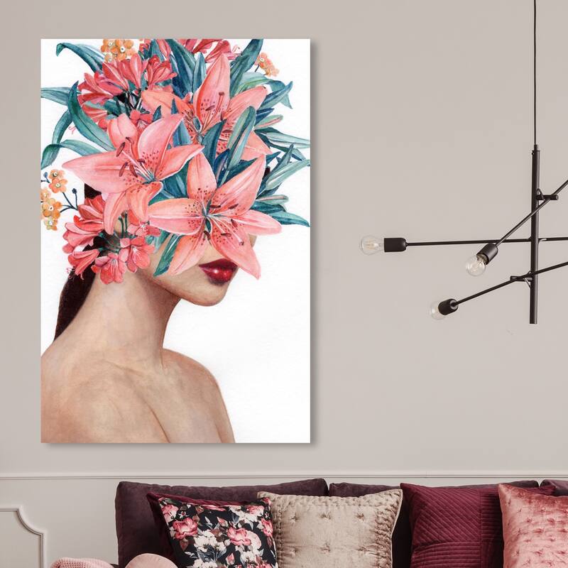 Wynwood Studio Fashion and Glam Floral Face Orange and Coral Modern & Contemporary Wall Art Canvas Print - 45 x 30