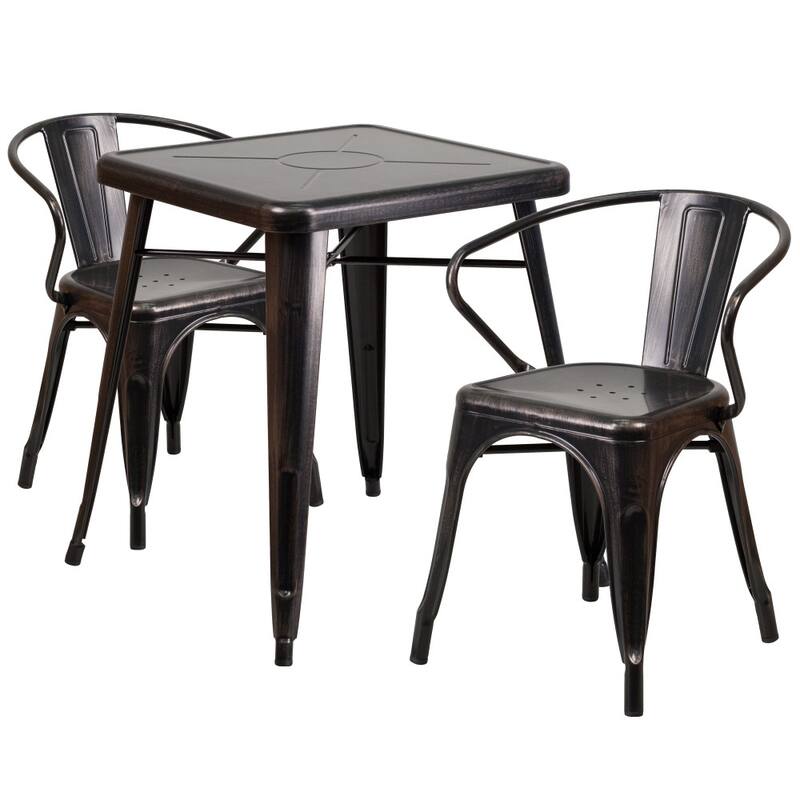 23.75'' Square Metal Indoor-Outdoor Table Set with 2 Arm Chairs - Black-Antique Gold