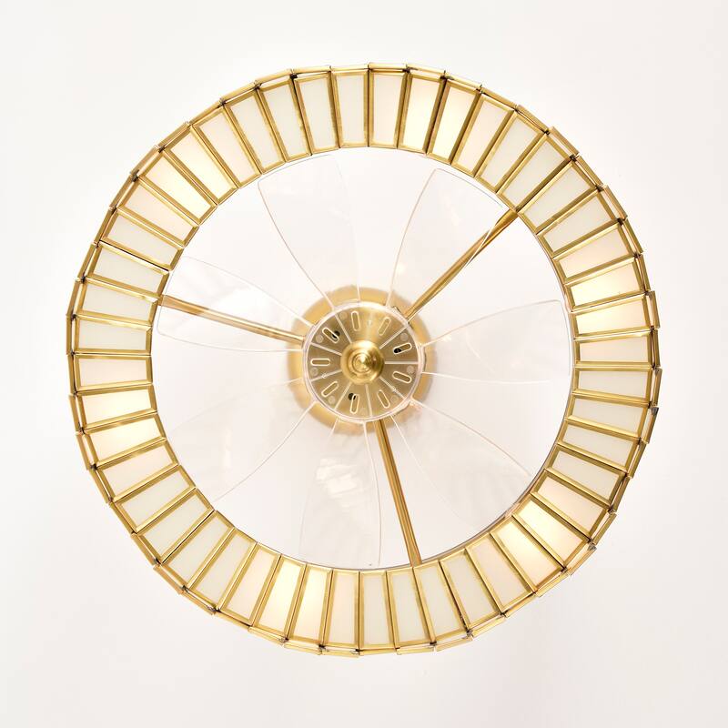 Walda 6-light Brass and Frosted Glass Staggered Panes Fandelier Lighted Ceiling Fan Remote Control - Brass-White