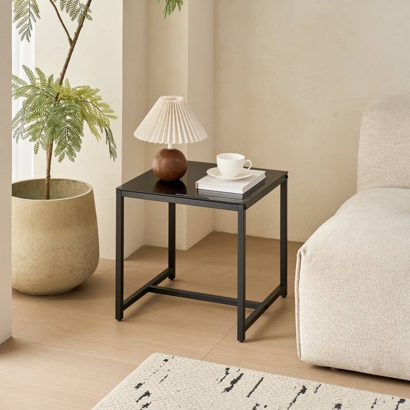 2 Pieces Black Glass Night Stand,MDF Side Table, Small Tea Table, Sofa Table with Metal Leg