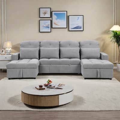 110.2" Chenille U-Shaped Sectional Sofa Bed with Storage Chaises and USB Ports