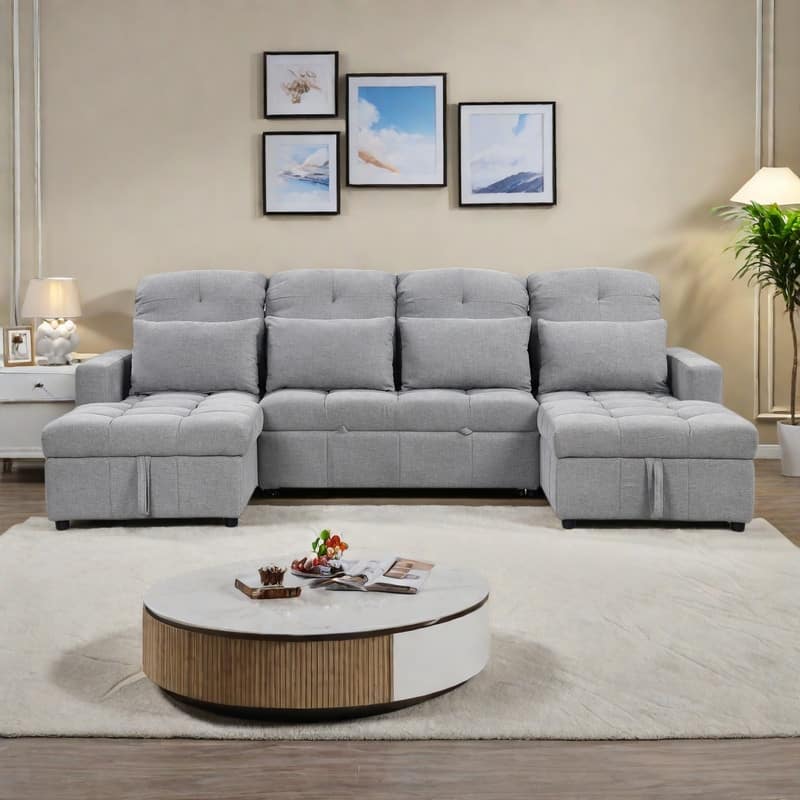 110.2" Chenille U-Shaped Sectional Sofa Bed with Storage Chaises and USB Ports