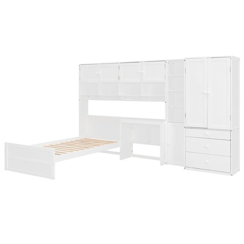 Roomfitters Wooden Twin Size Platform Bed with Integrated Desk, Wardrobe, and Multi-Level Storage Cabinets, LED Lighting