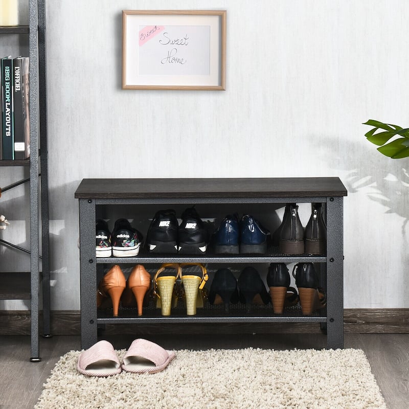 Gymax 3-Tier Shoe Rack Industrial Shoe Bench with Storage Shelves for
