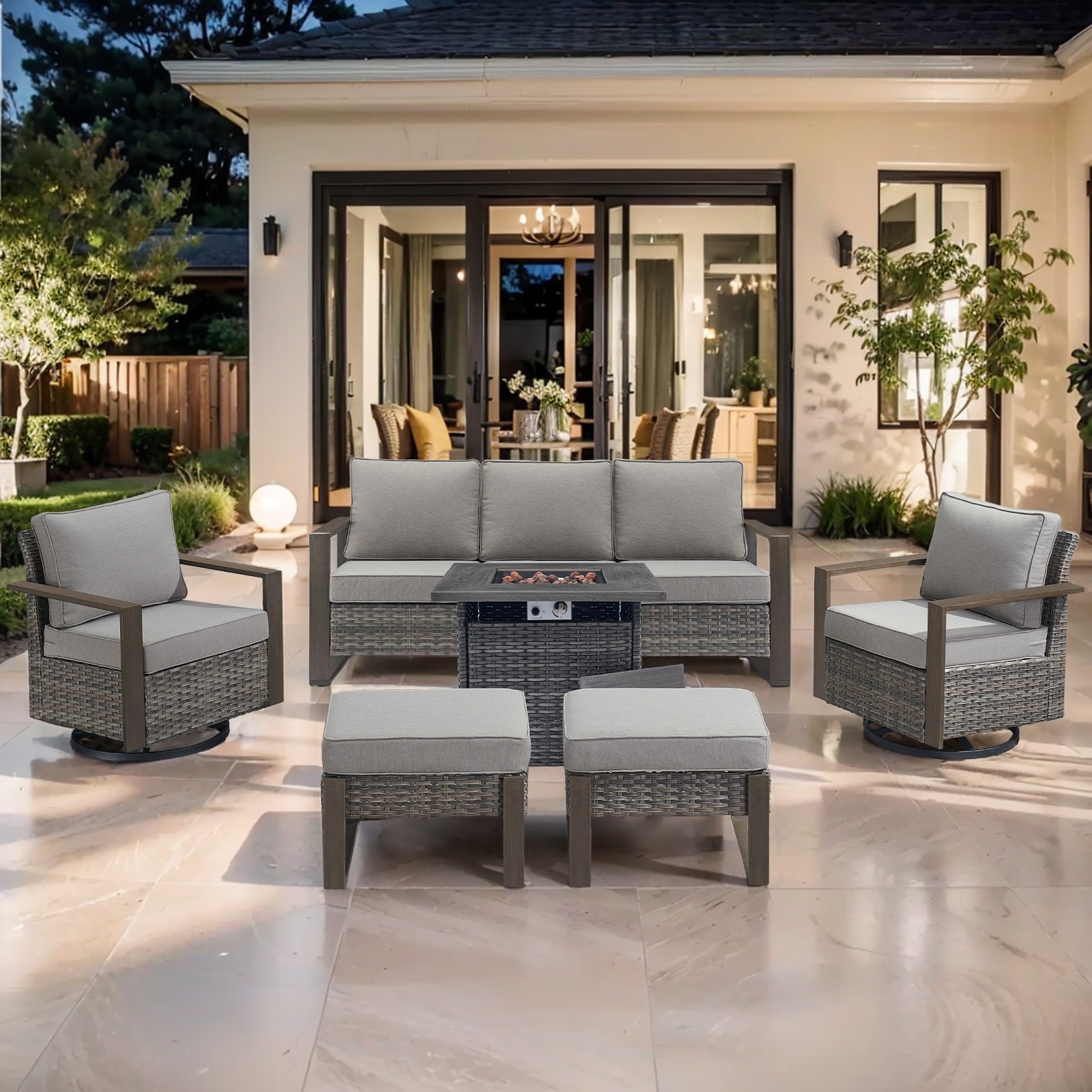 Pocassy Outdoor Fire Pit Conversation Set 3-Seat Sofa Chairs Patio Furniture Set