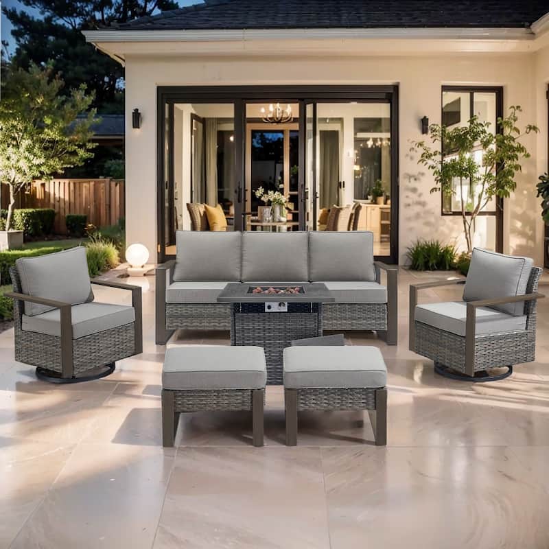 Pocassy Outdoor Fire Pit Conversation Set 3-Seat Sofa Chairs Patio Furniture Set - Grey Wicker Gray Cushion - 6-Piece Sofa Swivel Chair Ottoman with Fire Table