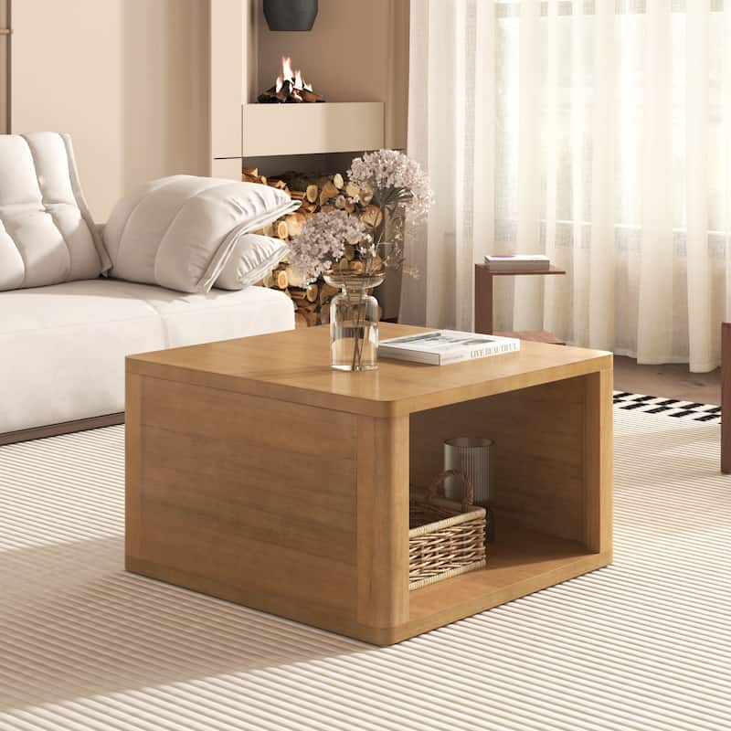 Square Coffee Table in Farmhouse Coffee Table with Storage,2-Tier Center Table with Half Open Storage Compartment in 30.8"