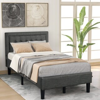 Upholstered Button Tufted Platform Bed with Strong Wood Slat