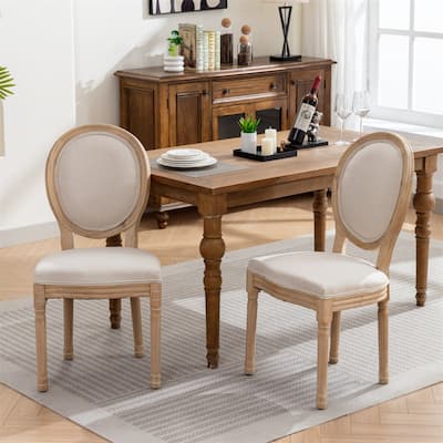 Set of 2 French Style Linen Upholstered Dining Chairs with Wood Legs