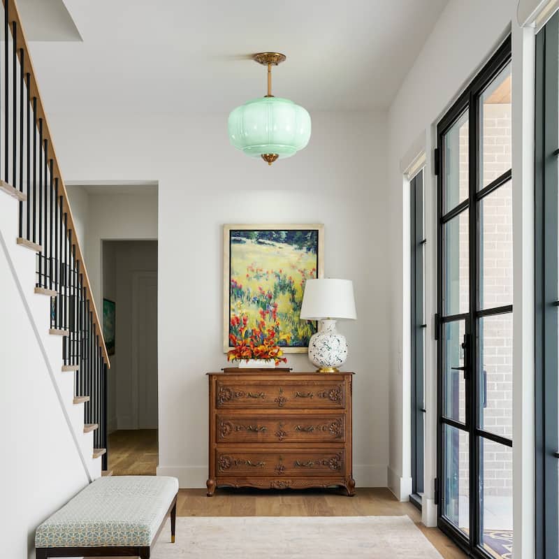 1-Light Retro Antique Brass Pumpkin Shaped Flush Mount Ceiling Light/Pendant Light with Milk/Green Glass for Kitchen,Dining Room