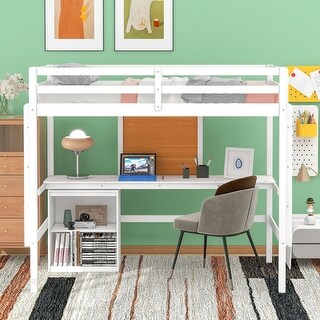 Twin Size Loft Bed with Desk and Writing Board, Pine Wooden Bed with Desk, Kid's Bed with 2 Drawers Cabinet, White