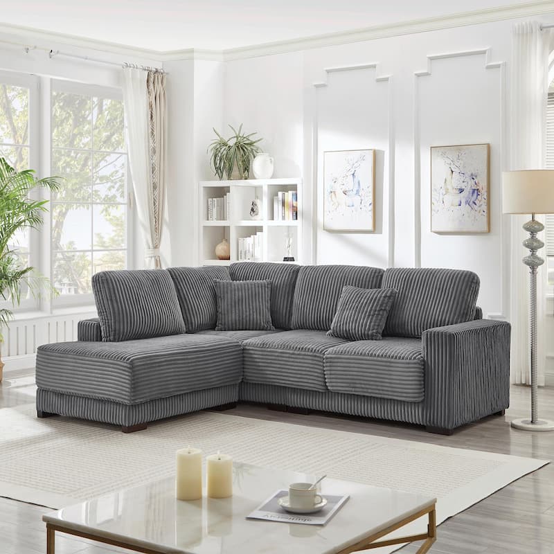 93" Sectional Sofa, L-Shaped with Reversible Chaise Lounge, Upholstered in Soft Corduroy - Grey