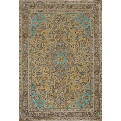 Hand Knotted Oriental 100% Wool Carpet Traditional Floral Yellow & Gold Tabriz Area Rug - 9' 6'' X 6' 7''