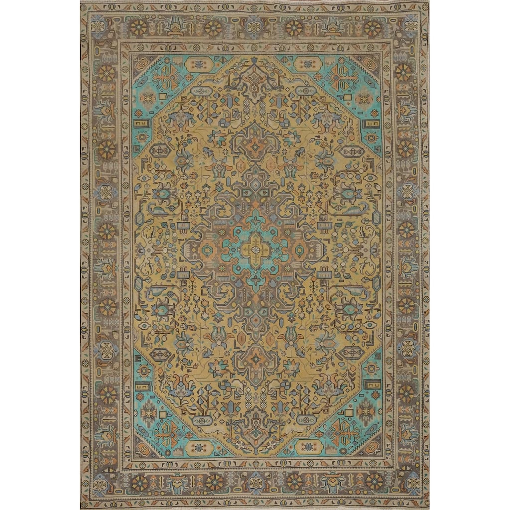 Hand Knotted Oriental 100% Wool Carpet Traditional Floral Yellow & Gold Tabriz Area Rug - 9' 6'' X 6' 7''