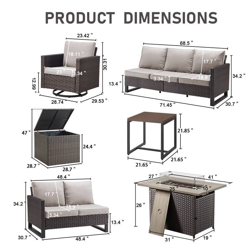 Gymojoy 9 Piece Wicker Outdoor Patio U-shaped feet Conversation Set Group , Include Fire Pit Table