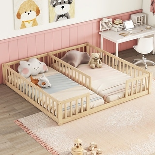 Double Twin Floor Bed with Guardrails and Shared Entry ,Sturdy Pine Wood Construction