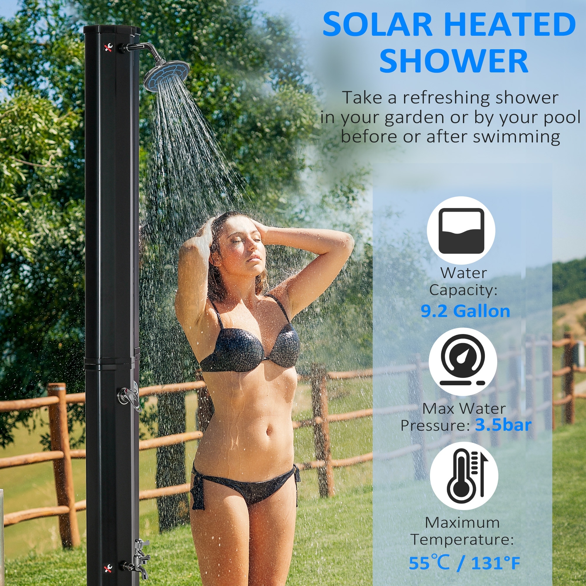 Outsunny 9.2 Gallon Solar Heated Shower with Free-Rotating Shower Head and  Foot Shower Faucet, Hot and Cold Adjustment