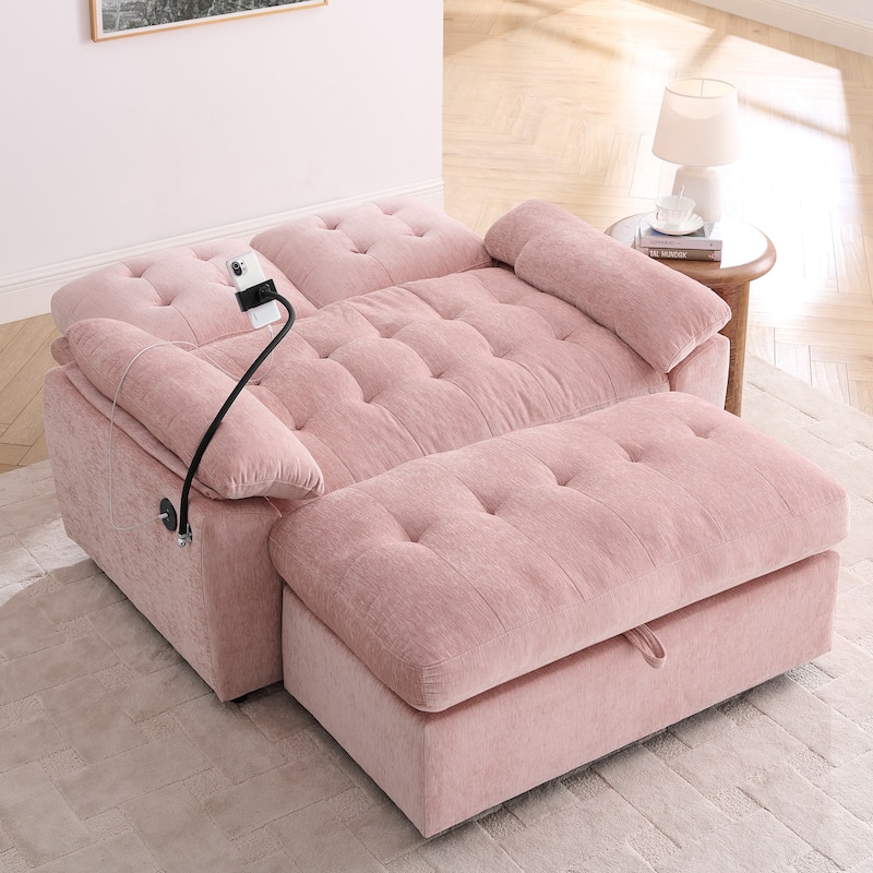 Double Recliner Chair with Adjustable Backrest, Storage Ottoman, USB Port & Phone Stand