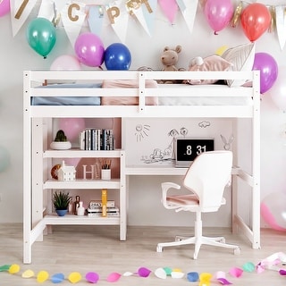 Stylish & Simple Full Size Wooden Loft Bed with Shelves, Desk and Writing Board, Maximized space, Health and Comfort, White