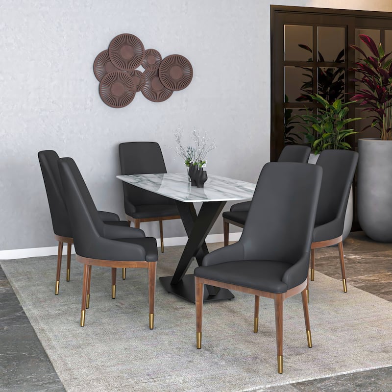 Dining Chair Upholstered in Leather with Rubberwood Frame Set of 4 Side Chair High Back and Gold Accent Legs