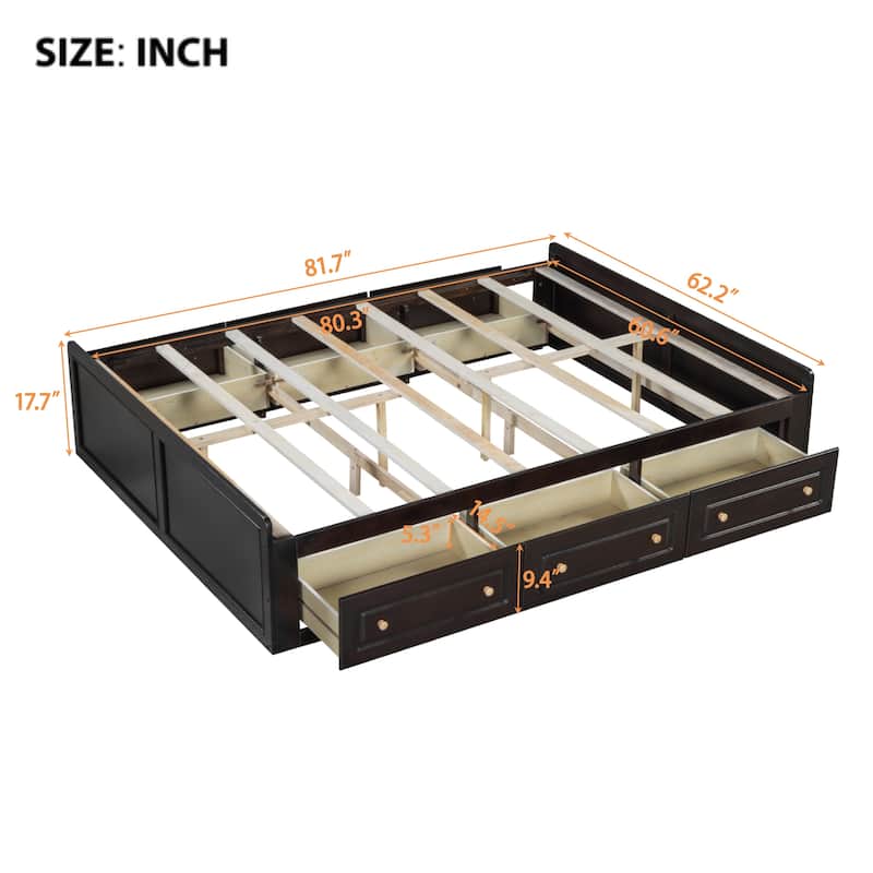 Queen Size Wooden Platform Bed Frame with 6 Drawers, Low Profile Storage Bed