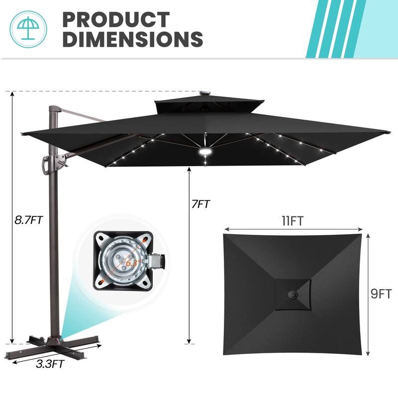 9 FT x 11 FT Outdoor Double Top LED Lighted Patio Cantilever Umbrella